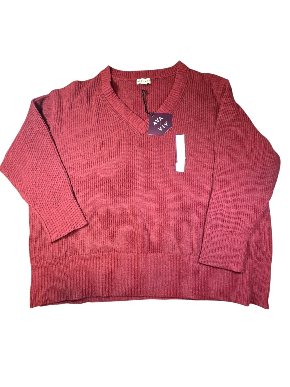 NWT Ava & Viv Burgundy Ribbed V-Neck Pullover Sweater Plus Size 3X Cozy Fall